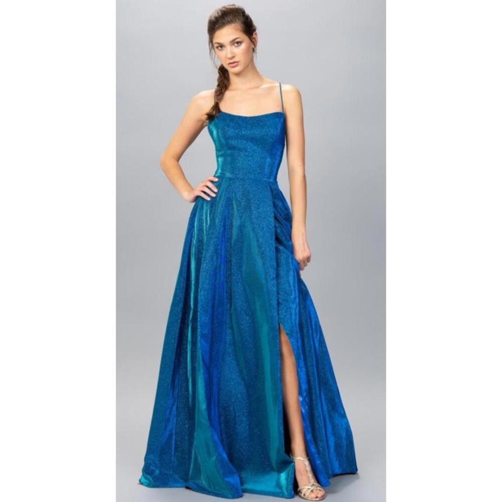 EUREKA - METALLIC BLUE WOMEN'S BALLGOWN SCOOP NECKLINE SIDE SLIT XS  #03
